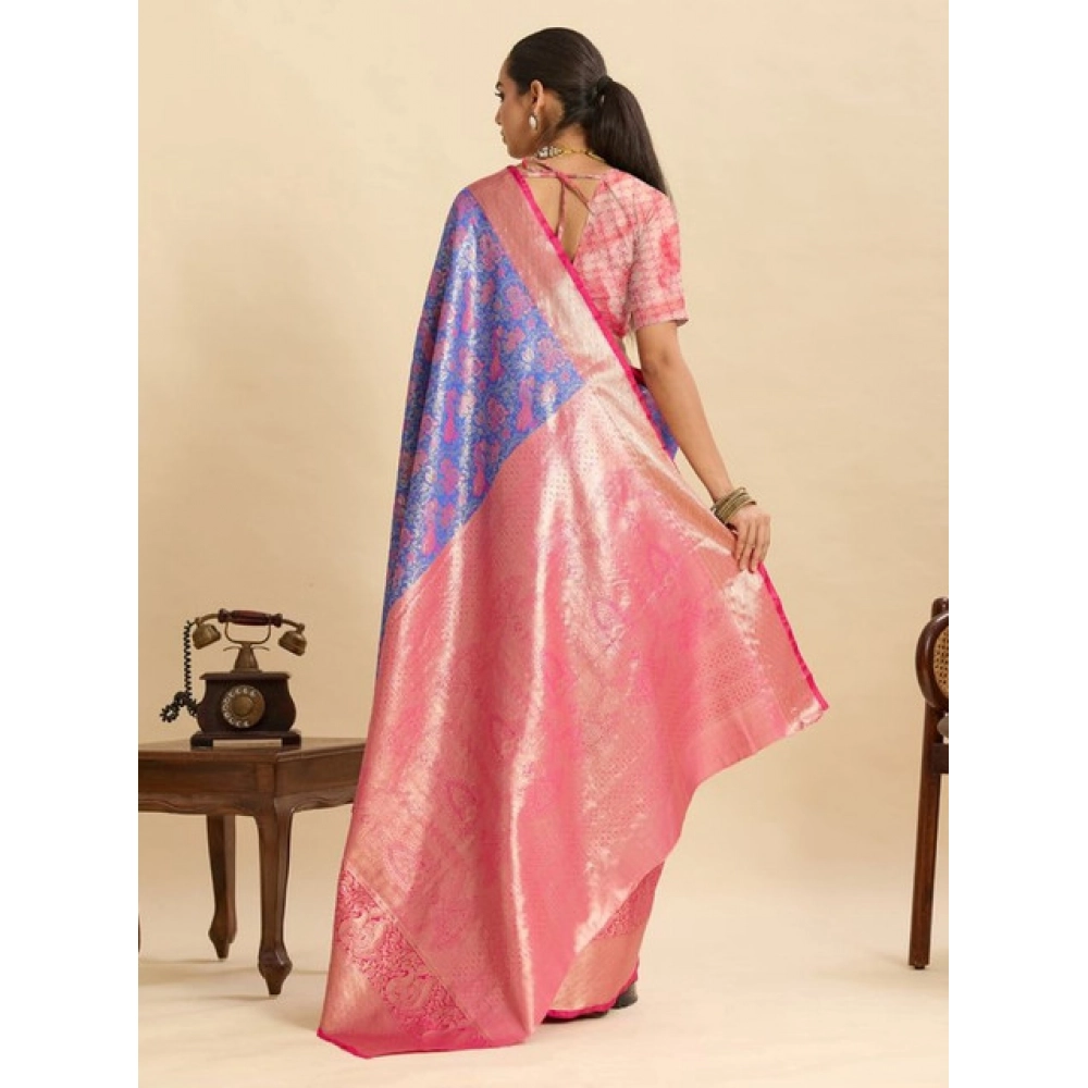 Generic Women's Faux_Banarasi_Silk Woven Saree With Unstitched Blouse 5.5Mtr (Blue) - Image 2