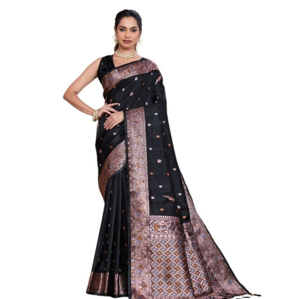 Generic Women's Jacquard Woven Saree With Unstitched Blouse 5.5Mtr (Black) - Image 3
