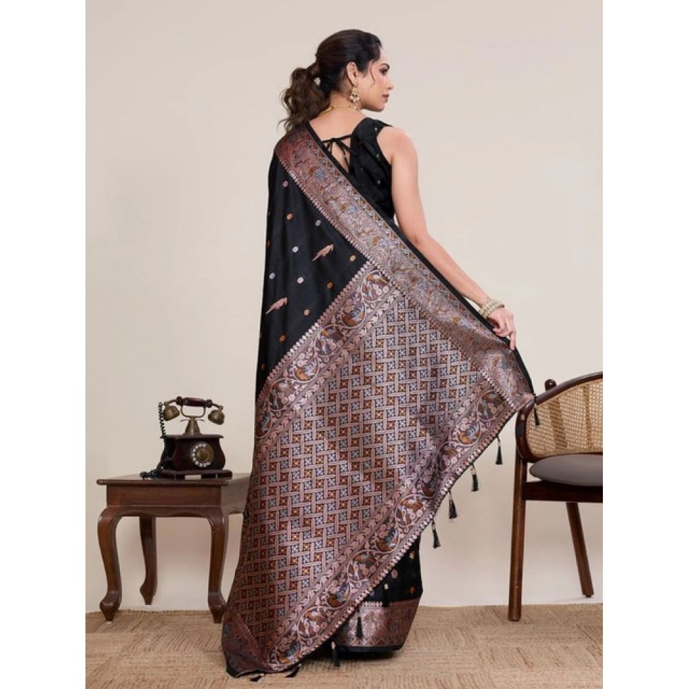 Generic Women's Jacquard Woven Saree With Unstitched Blouse 5.5Mtr (Black) - Image 2