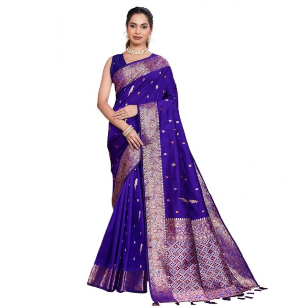 Generic Women's Jacquard Woven Saree With Unstitched Blouse 5.5Mtr (Blue) - Image 4