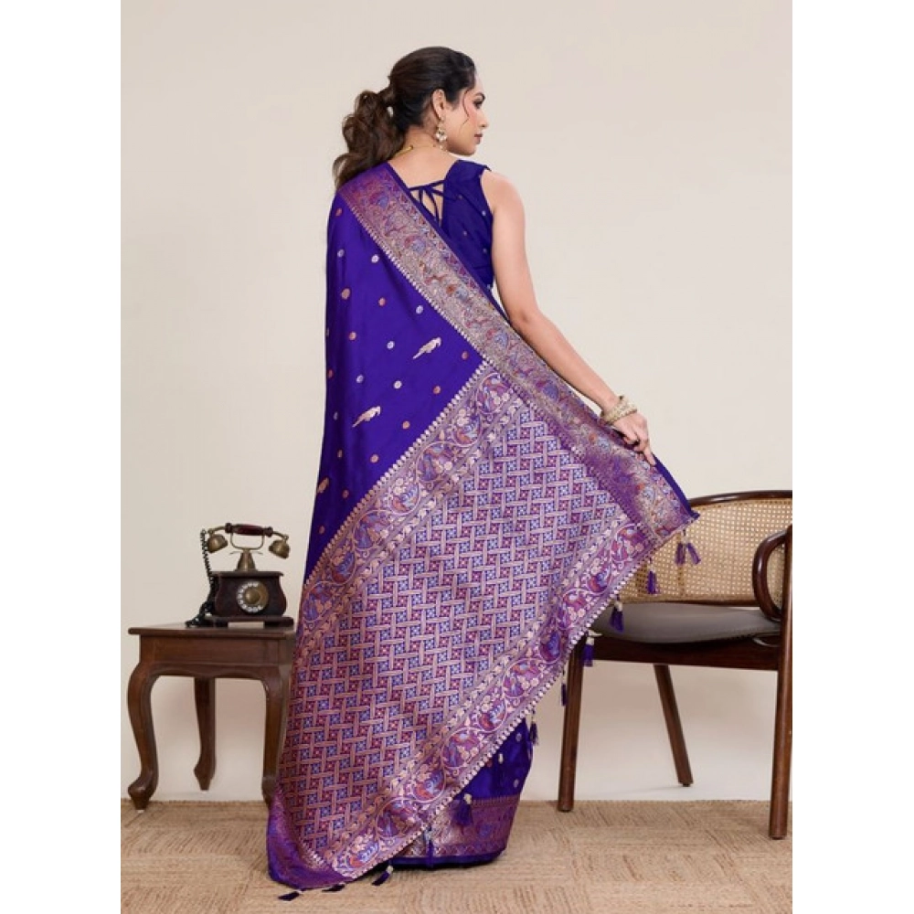 Generic Women's Jacquard Woven Saree With Unstitched Blouse 5.5Mtr (Blue) - Image 3