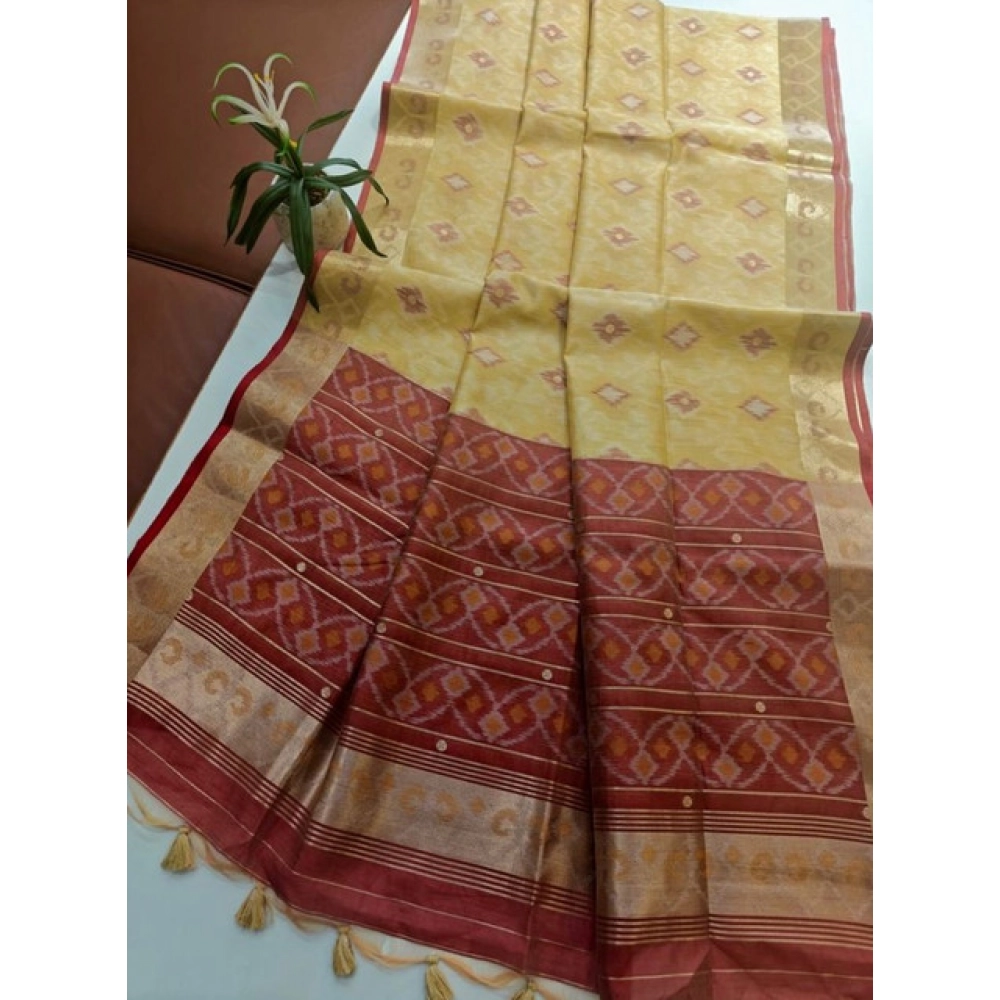 Generic Women's Raw Silk Ikkat Saree With Unstitched Blouse 5.5Mtr (Beige)