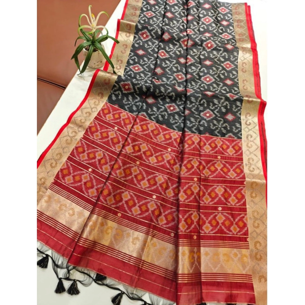 Generic Women's Raw Silk Ikkat Saree With Unstitched Blouse 5.5Mtr (Black)
