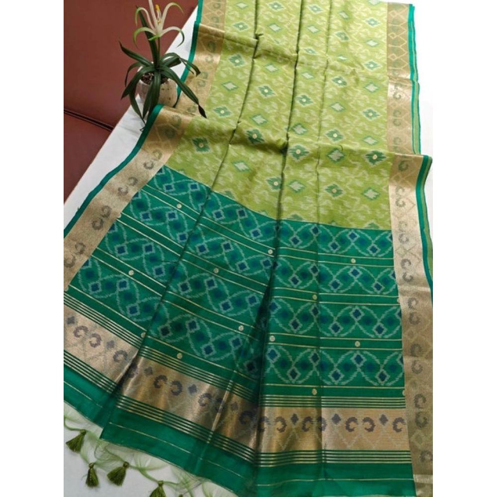 Generic Women's Raw Silk Ikkat Saree With Unstitched Blouse 5.5Mtr (Green)
