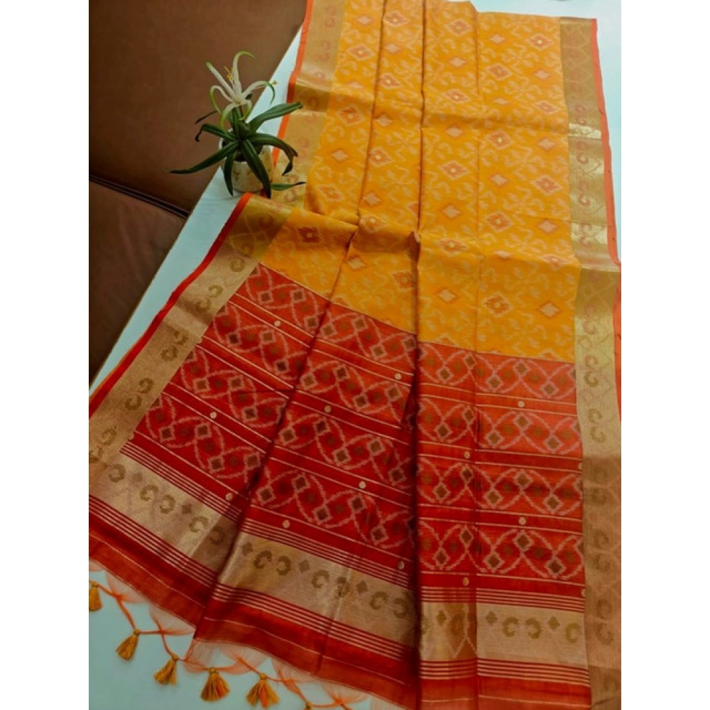 Generic Women's Raw Silk Ikkat Saree With Unstitched Blouse 5.5Mtr (Mustard)