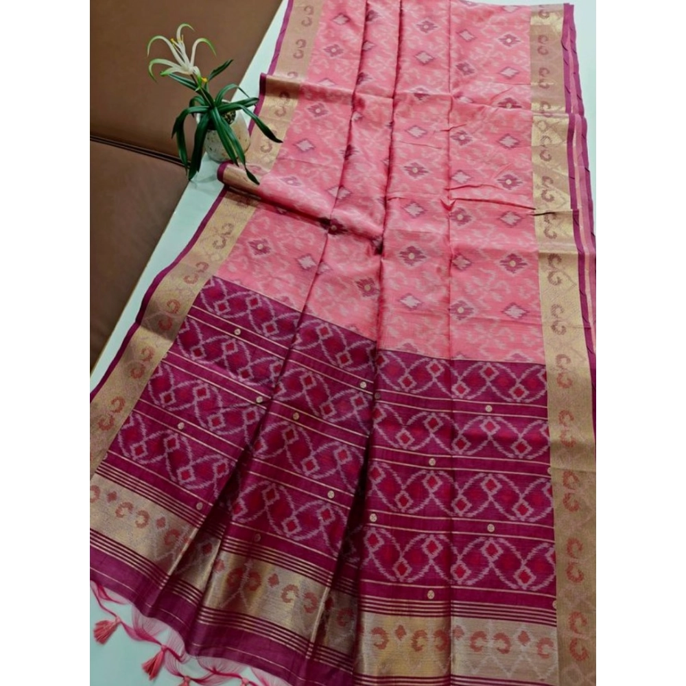 Generic Women's Raw Silk Ikkat Saree With Unstitched Blouse 5.5Mtr (Pink)