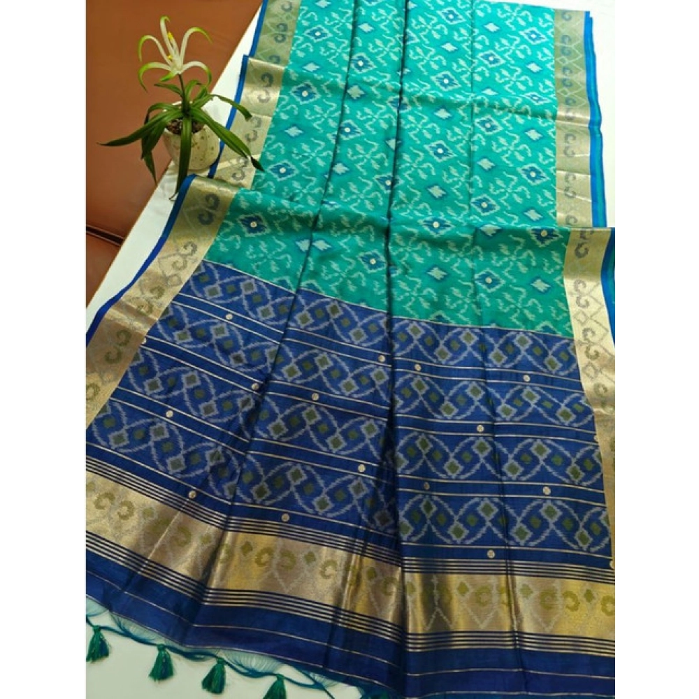 Generic Women's Raw Silk Ikkat Saree With Unstitched Blouse 5.5Mtr (Sky Blue)