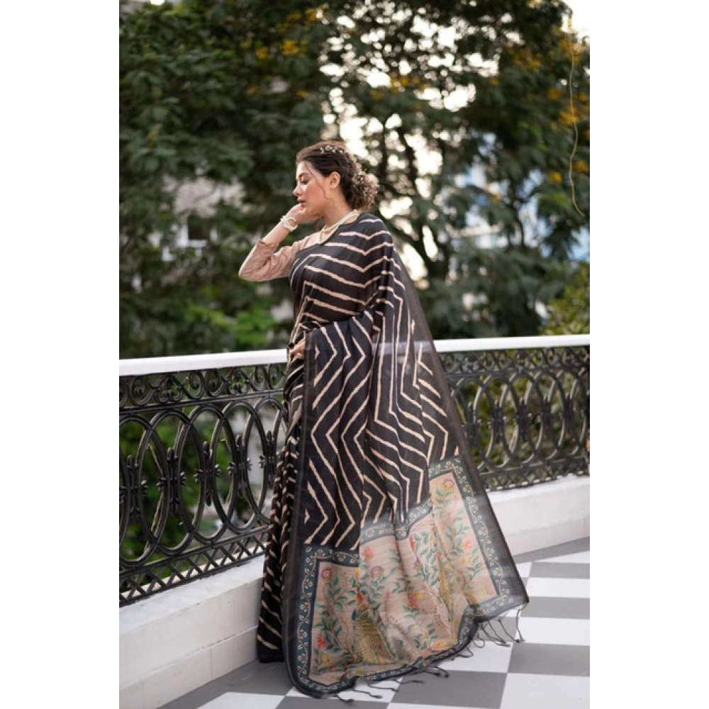 Generic Women's Faux_Tussar_Silk Geometric_Print Saree With Unstitched Blouse 5.5Mtr (Black)