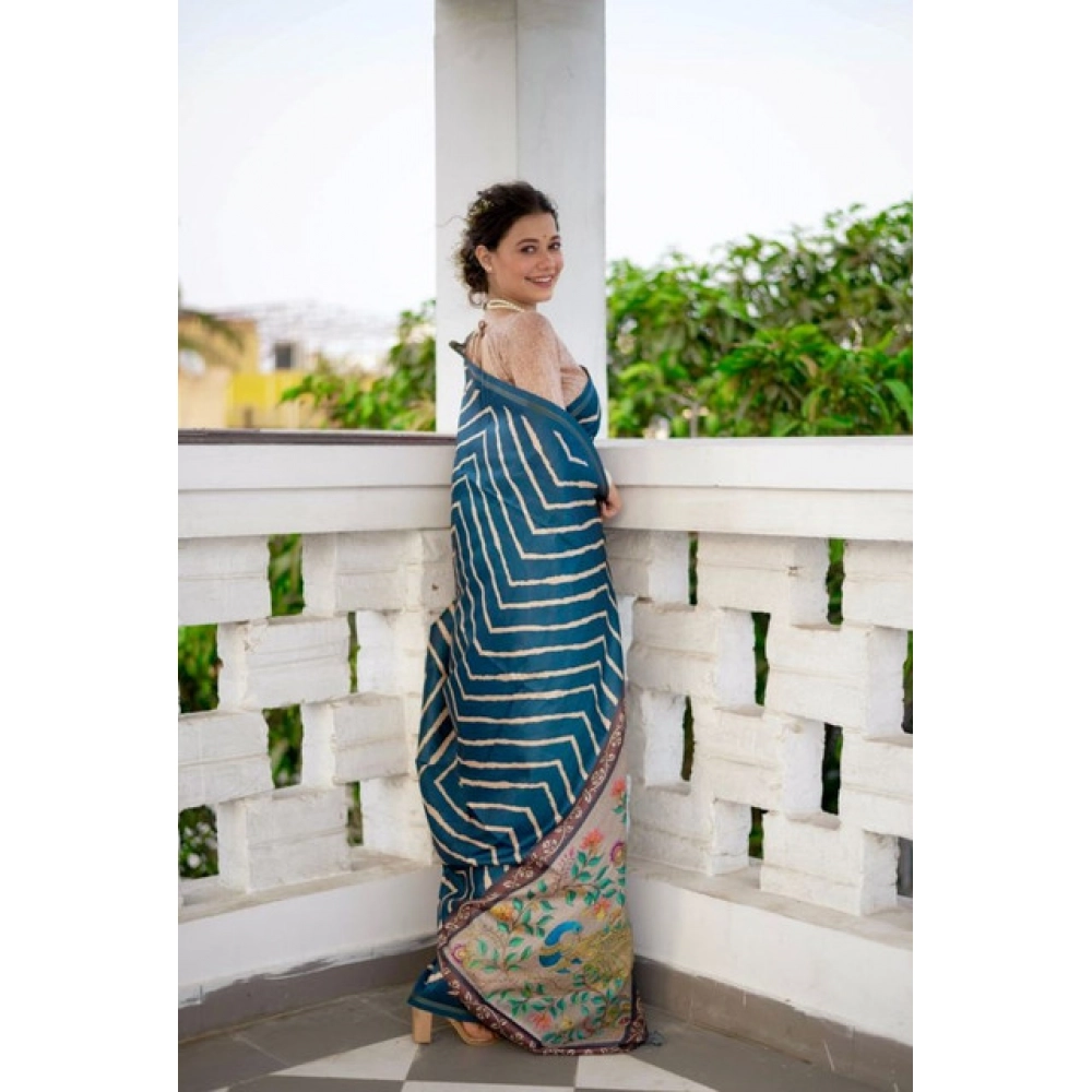 Generic Women's Faux_Tussar_Silk Geometric_Print Saree With Unstitched Blouse 5.5Mtr (Blue)