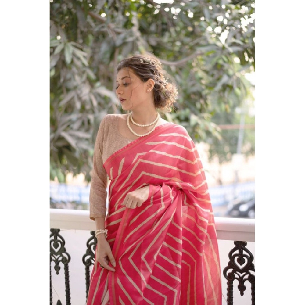 Generic Women's Faux_Tussar_Silk Geometric_Print Saree With Unstitched Blouse 5.5Mtr (Pink)