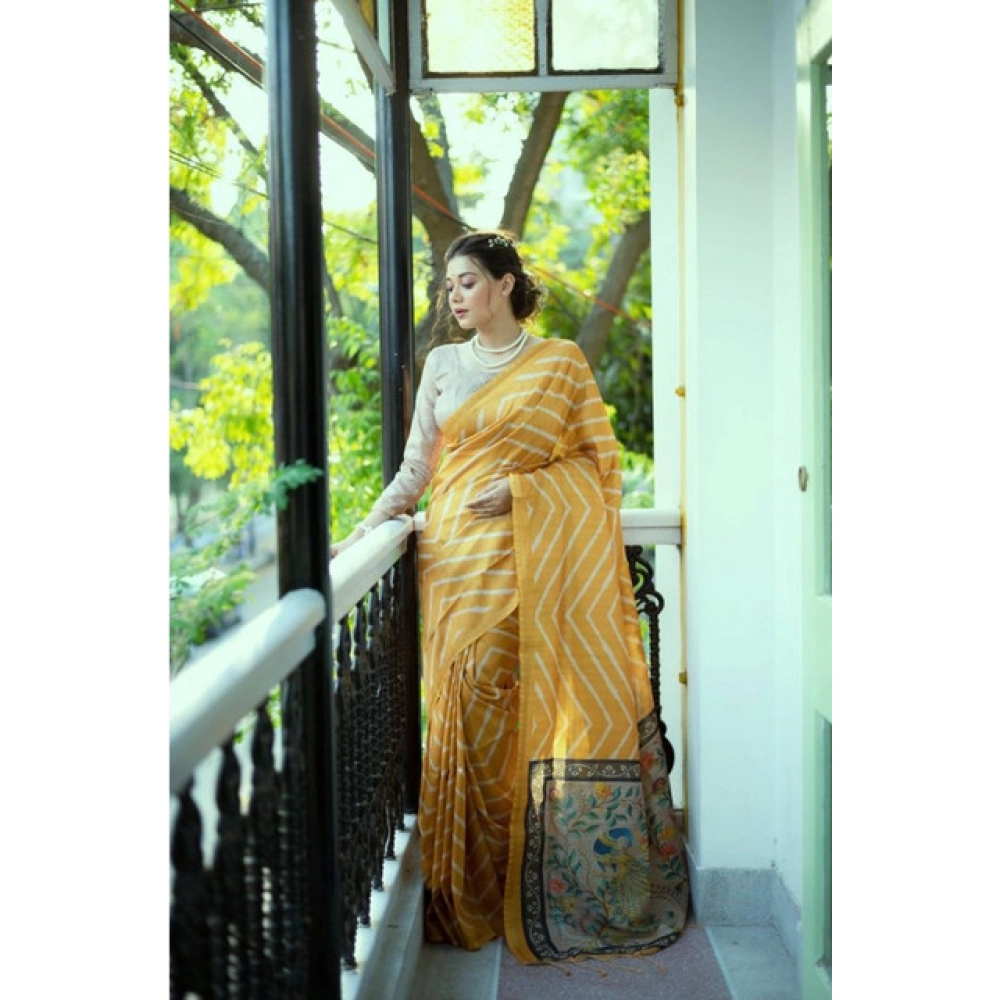 Generic Women's Faux_Tussar_Silk Geometric_Print Saree With Unstitched Blouse 5.5Mtr (Mustard)