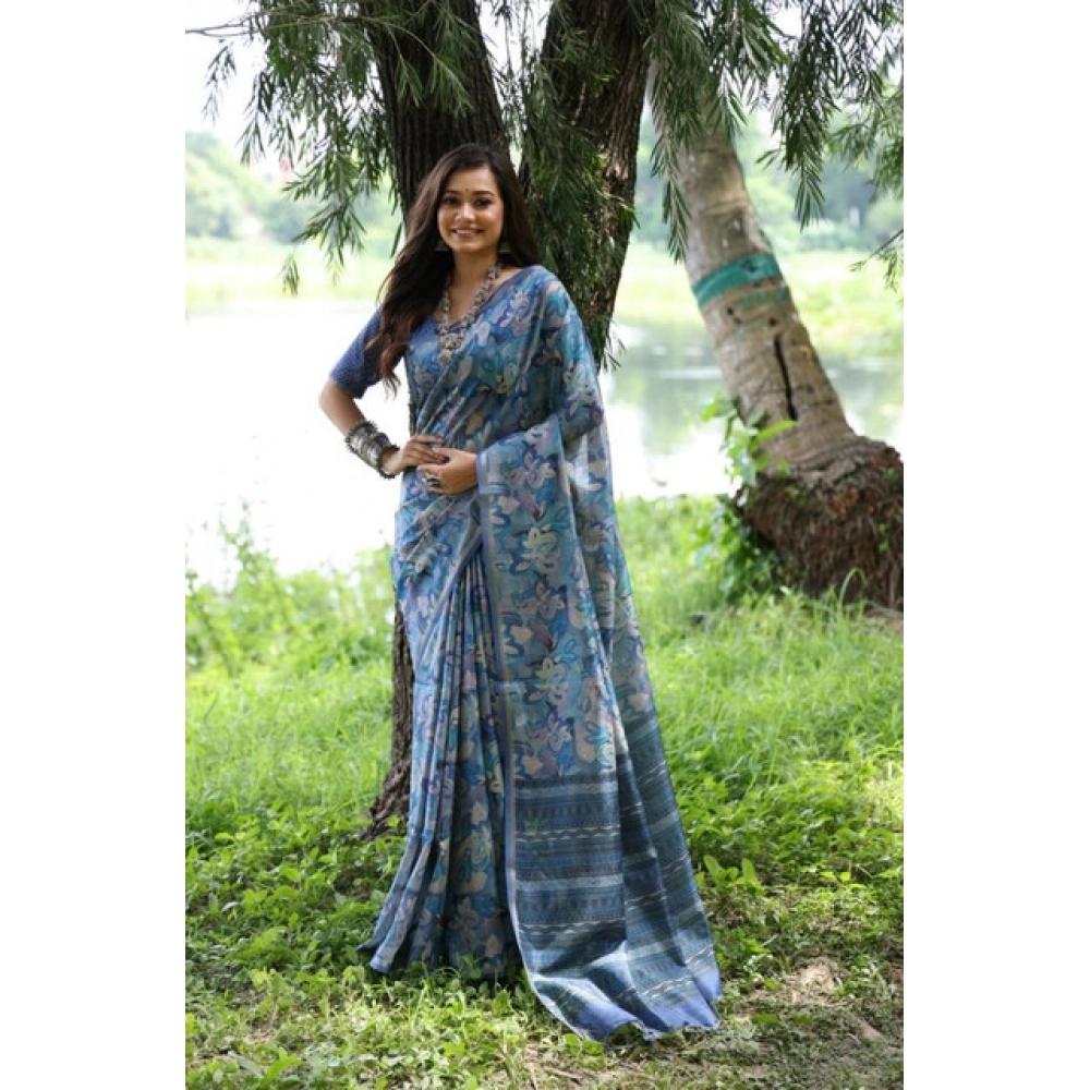 Generic Women's Faux_Tussar_Silk Abstract_Print Saree With Unstitched Blouse 5.5Mtr (Blue)