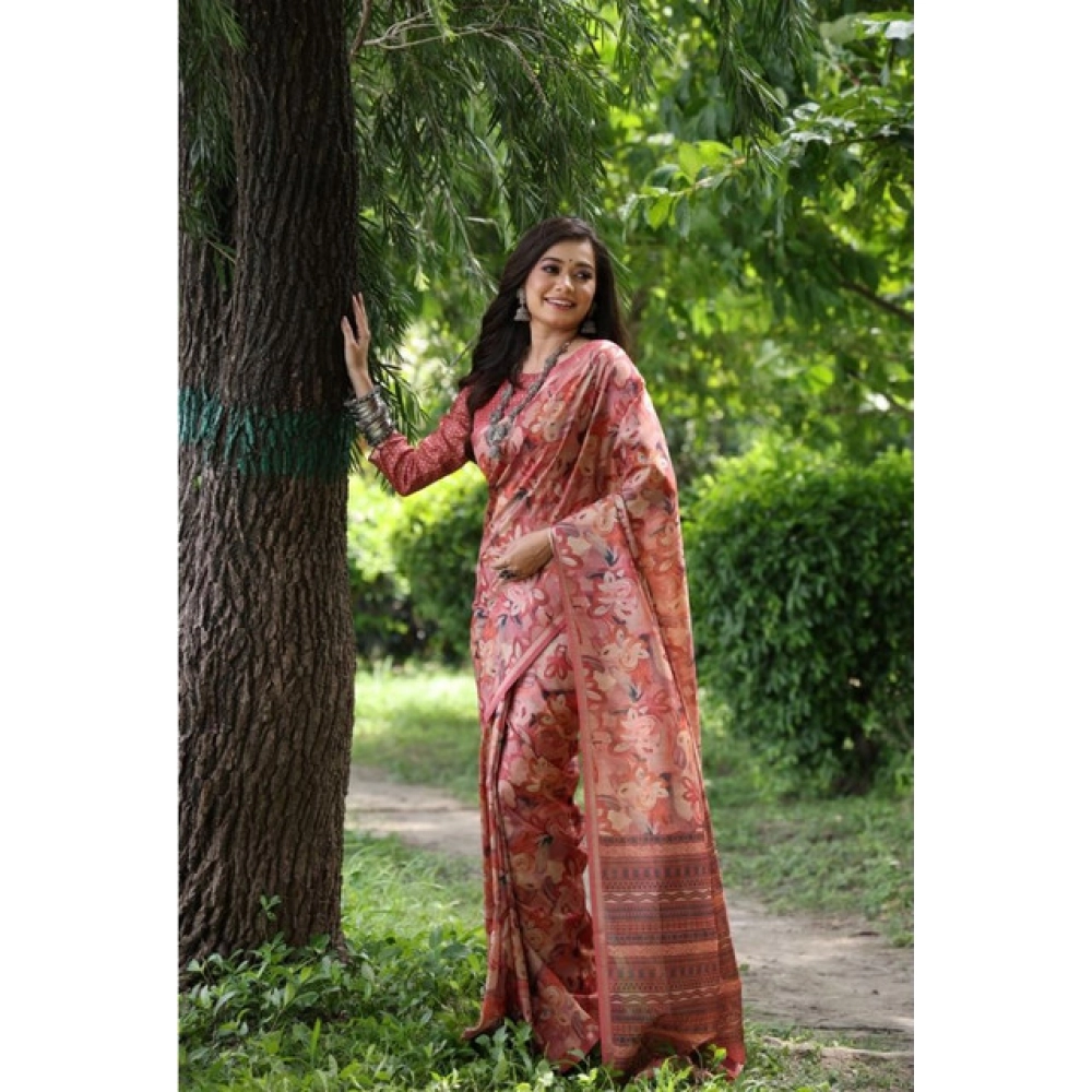 Generic Women's Faux_Tussar_Silk Abstract_Print Saree With Unstitched Blouse 5.5Mtr (Peach)