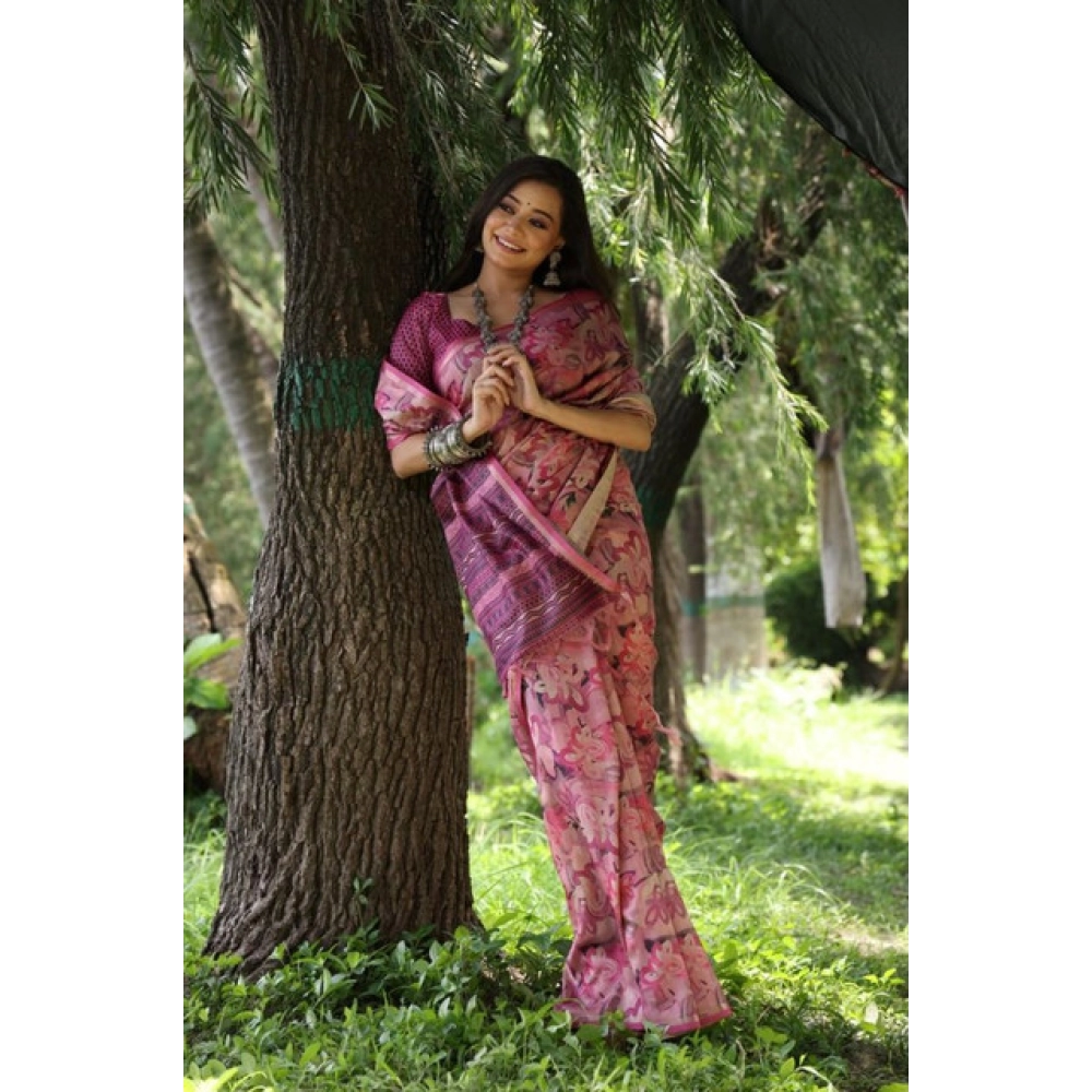 Generic Women's Faux_Tussar_Silk Abstract_Print Saree With Unstitched Blouse 5.5Mtr (Pink)