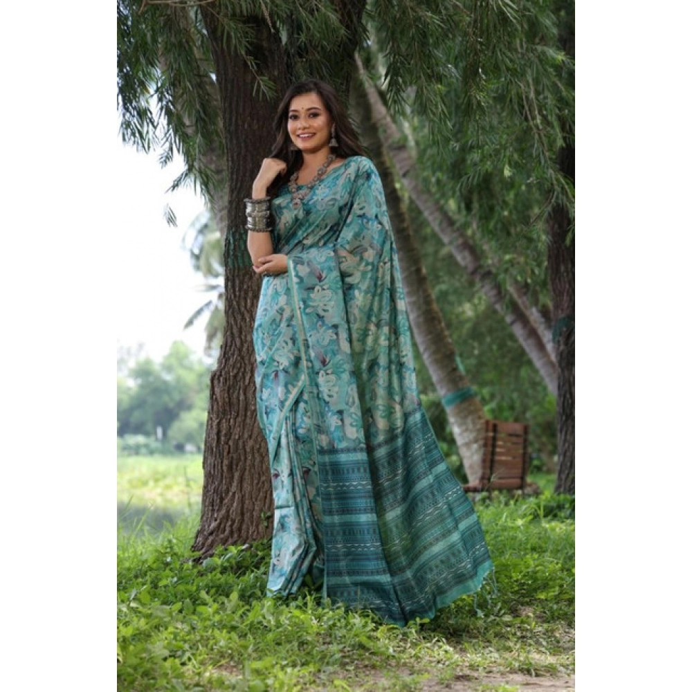 Generic Women's Faux_Tussar_Silk Abstract_Print Saree With Unstitched Blouse 5.5Mtr (Sea_Green)