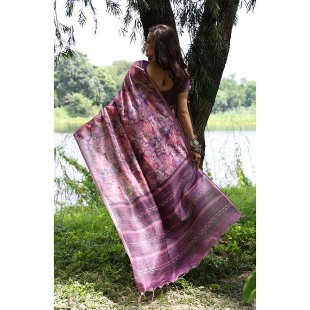 Generic Women's Faux_Tussar_Silk Abstract_Print Saree With Unstitched Blouse 5.5Mtr (Purple)