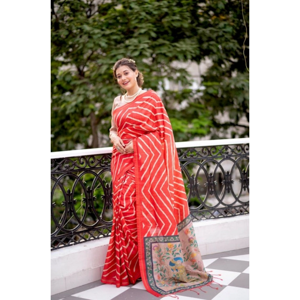 Generic Women's Faux_Tussar_Silk Geometric_Print Saree With Unstitched Blouse 5.5Mtr (Red)