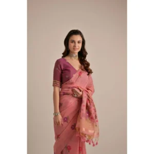 Generic Women's Blended_Cotton Floral Motifs And Woven Buttas Saree With Unstitched Blouse 5.5Mtr (Pink)
