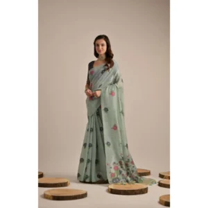 Generic Women's Blended_Cotton Floral Motifs And Woven Buttas Saree With Unstitched Blouse 5.5Mtr (Teal)