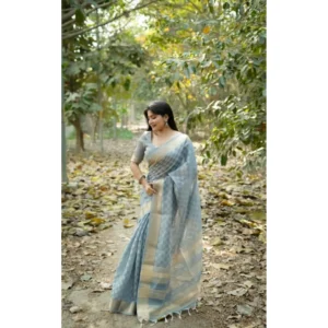 Generic Women's Silk_Blend Checked Saree With Unstitched Blouse 5.5Mtr (Sky_Blue)