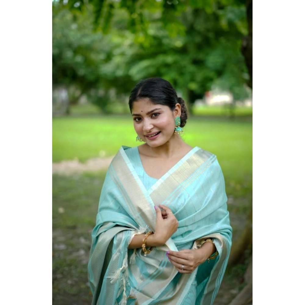 Generic Women's Faux_Banarasi Lining Pattern Saree With Unstitched Blouse 5.5Mtr (Light_Aqua_Blue) - Image 2