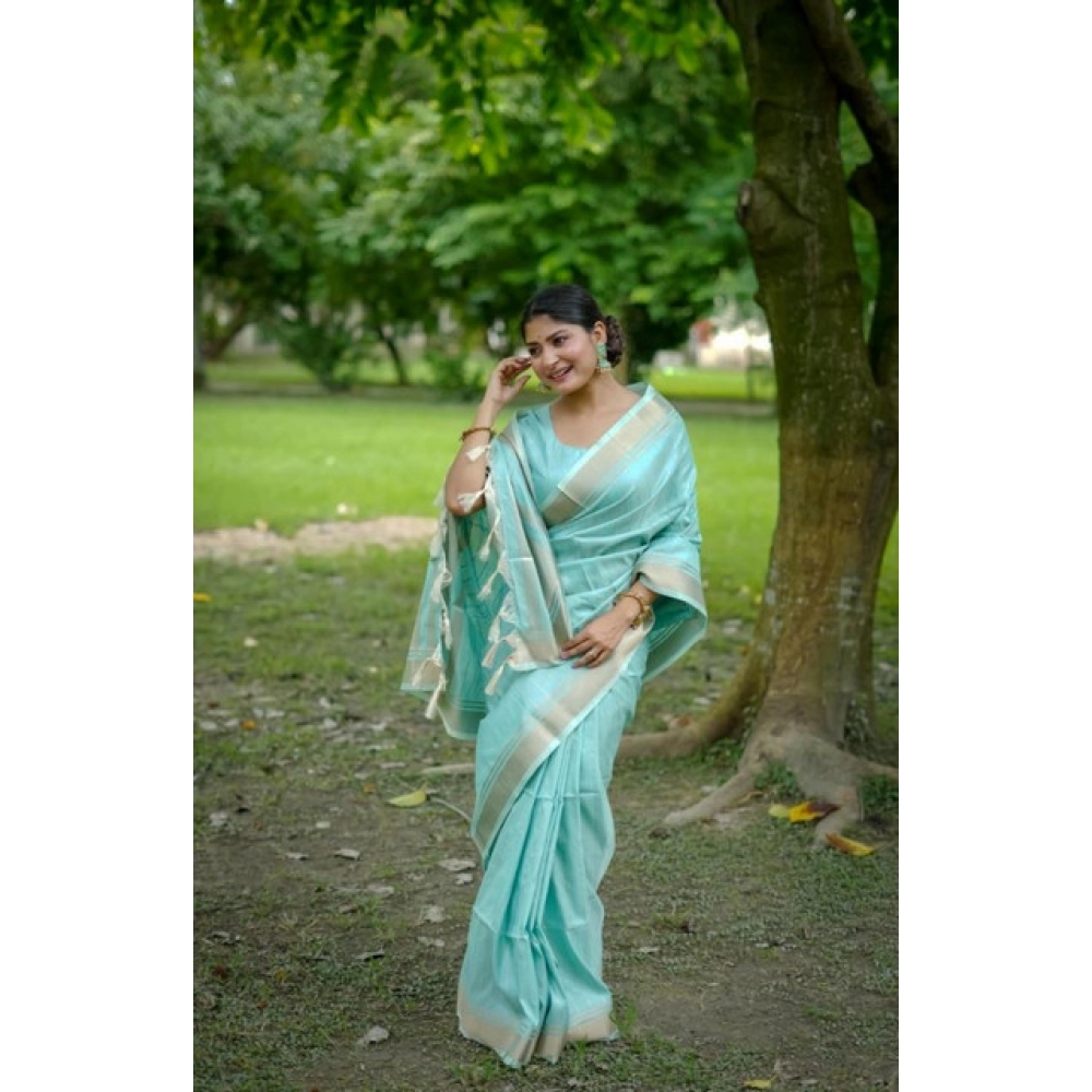 Generic Women's Faux_Banarasi Lining Pattern Saree With Unstitched Blouse 5.5Mtr (Light_Aqua_Blue) - Image 3