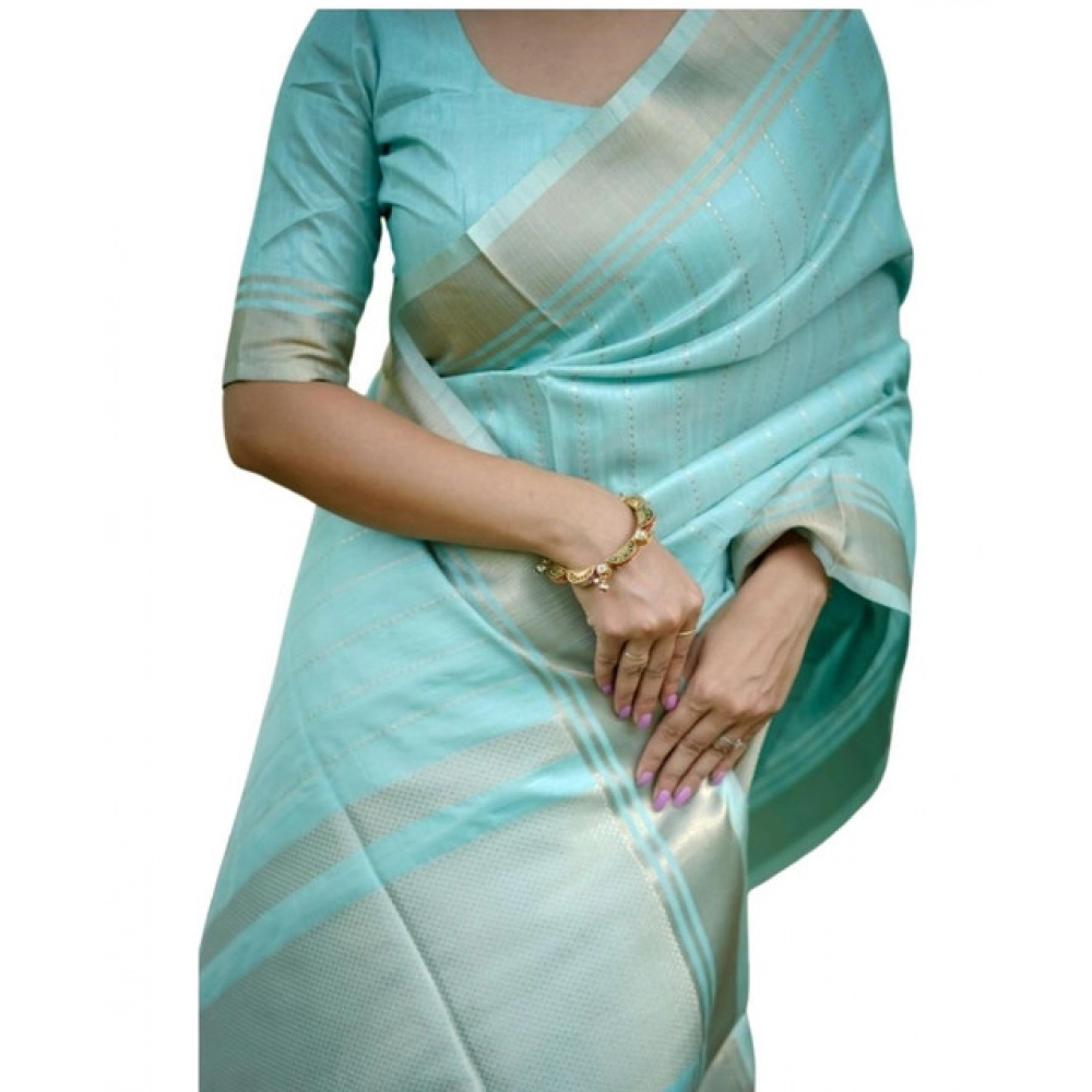Generic Women's Faux_Banarasi Lining Pattern Saree With Unstitched Blouse 5.5Mtr (Light_Aqua_Blue) - Image 4