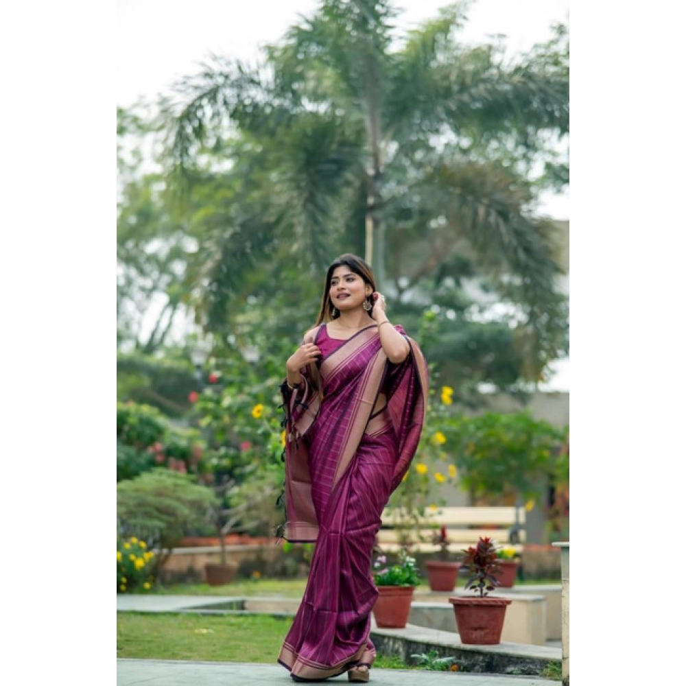 Generic Women's Faux_Banarasi Lining Pattern Saree With Unstitched Blouse 5.5Mtr (Magenta) - Image 2