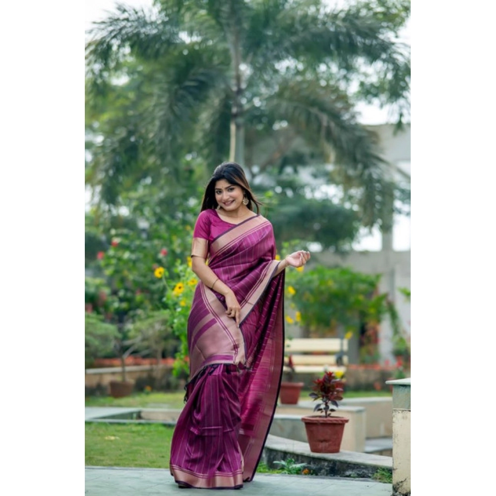 Generic Women's Faux_Banarasi Lining Pattern Saree With Unstitched Blouse 5.5Mtr (Magenta) - Image 3