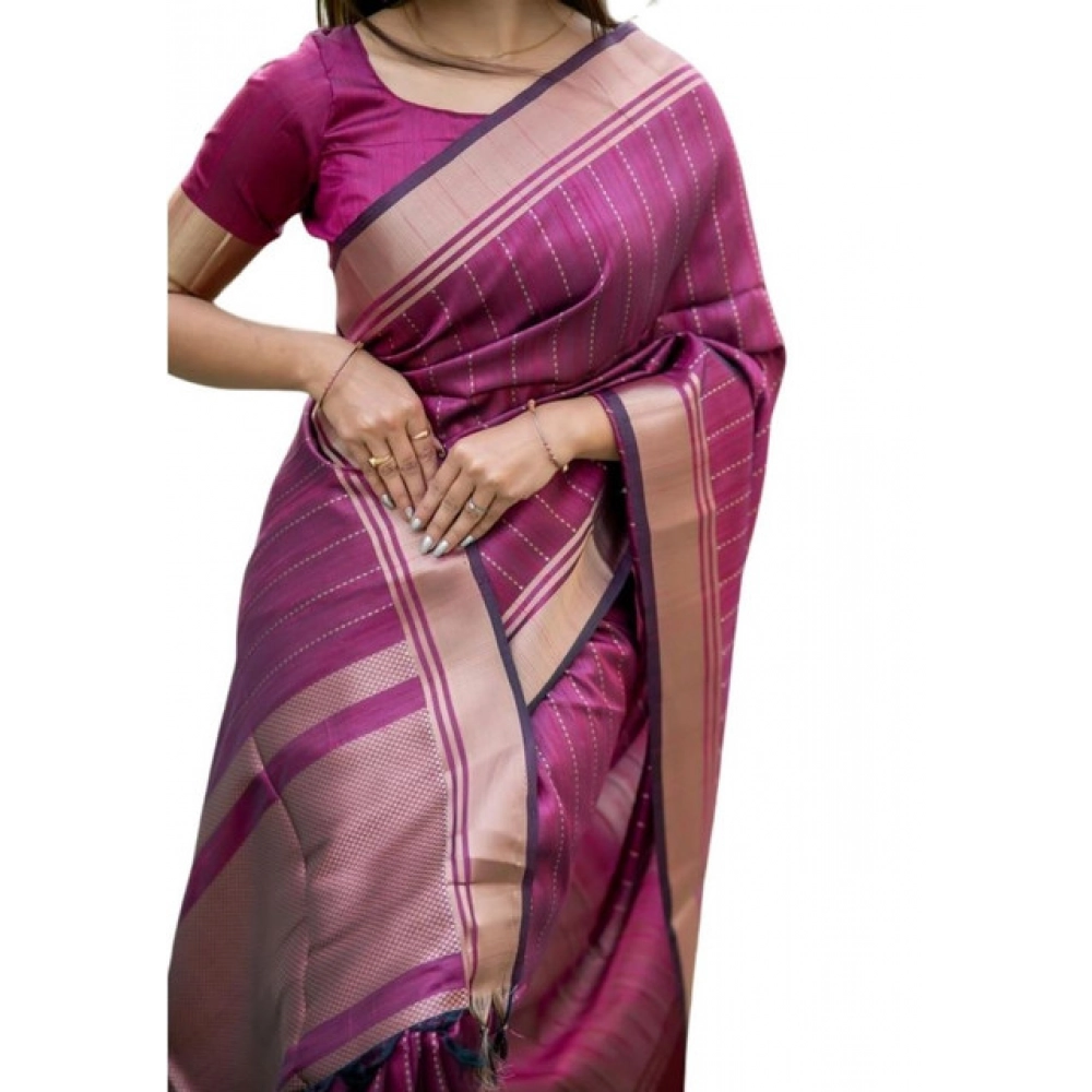 Generic Women's Faux_Banarasi Lining Pattern Saree With Unstitched Blouse 5.5Mtr (Magenta) - Image 4