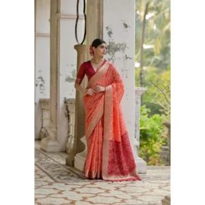 Generic Women's Silk_Blend Ethnic Ikat Pattern Saree With Unstitched Blouse 5.5Mtr (Orange)