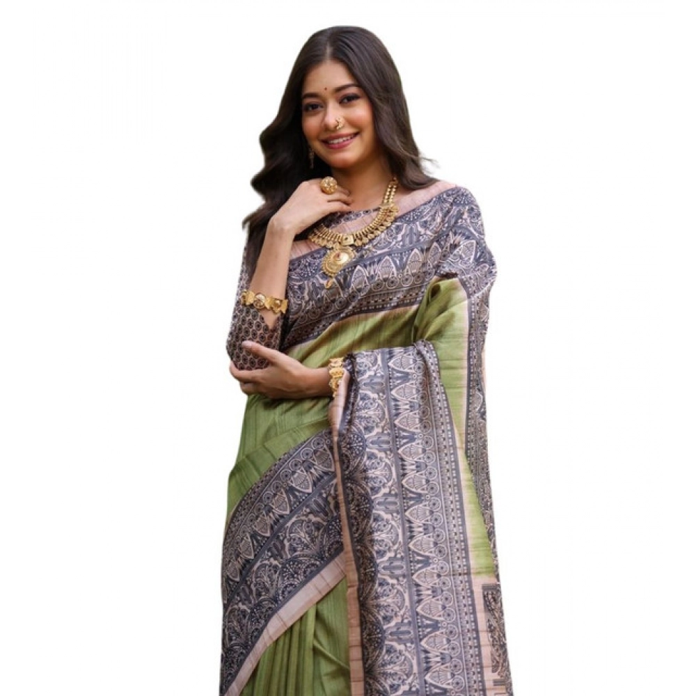 Generic Women's Faux_Tussar Ethnic_Print Saree With Unstitched Blouse 5.5Mtr (Olive) - Image 3