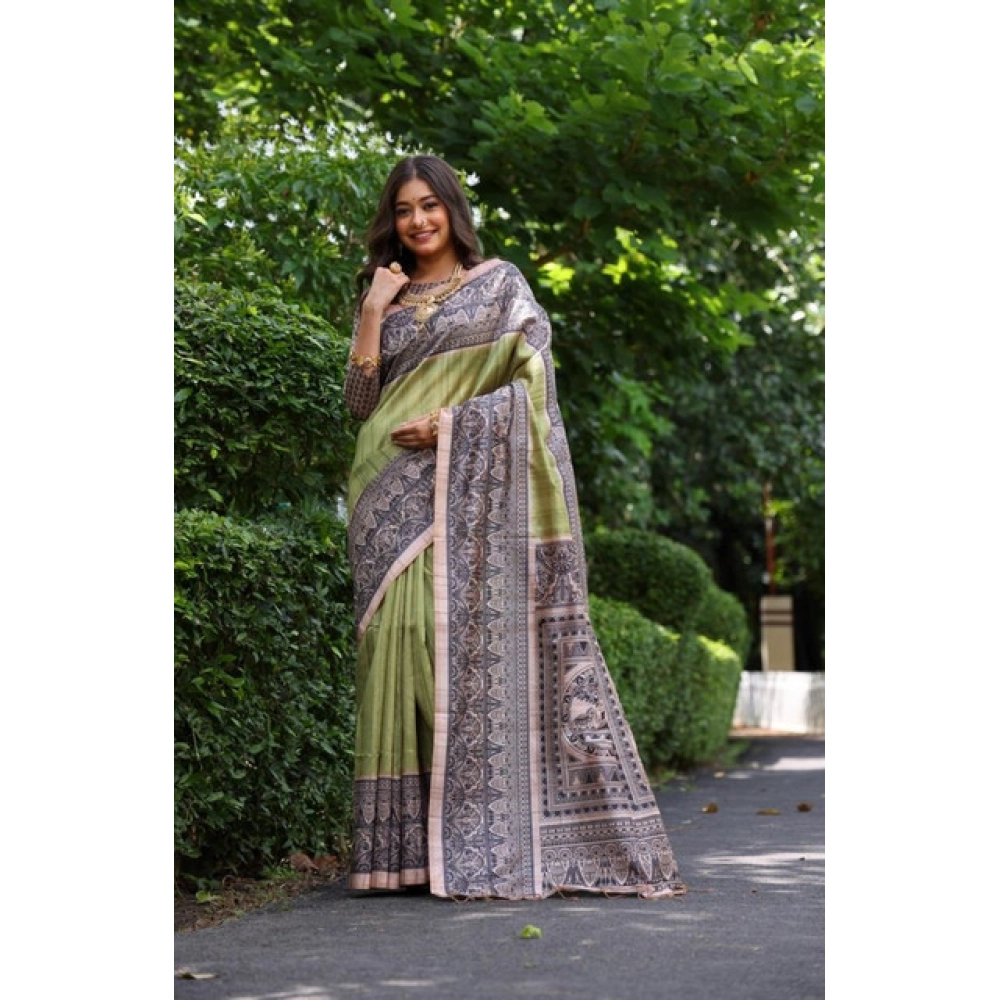 Generic Women's Faux_Tussar Ethnic_Print Saree With Unstitched Blouse 5.5Mtr (Olive) - Image 2