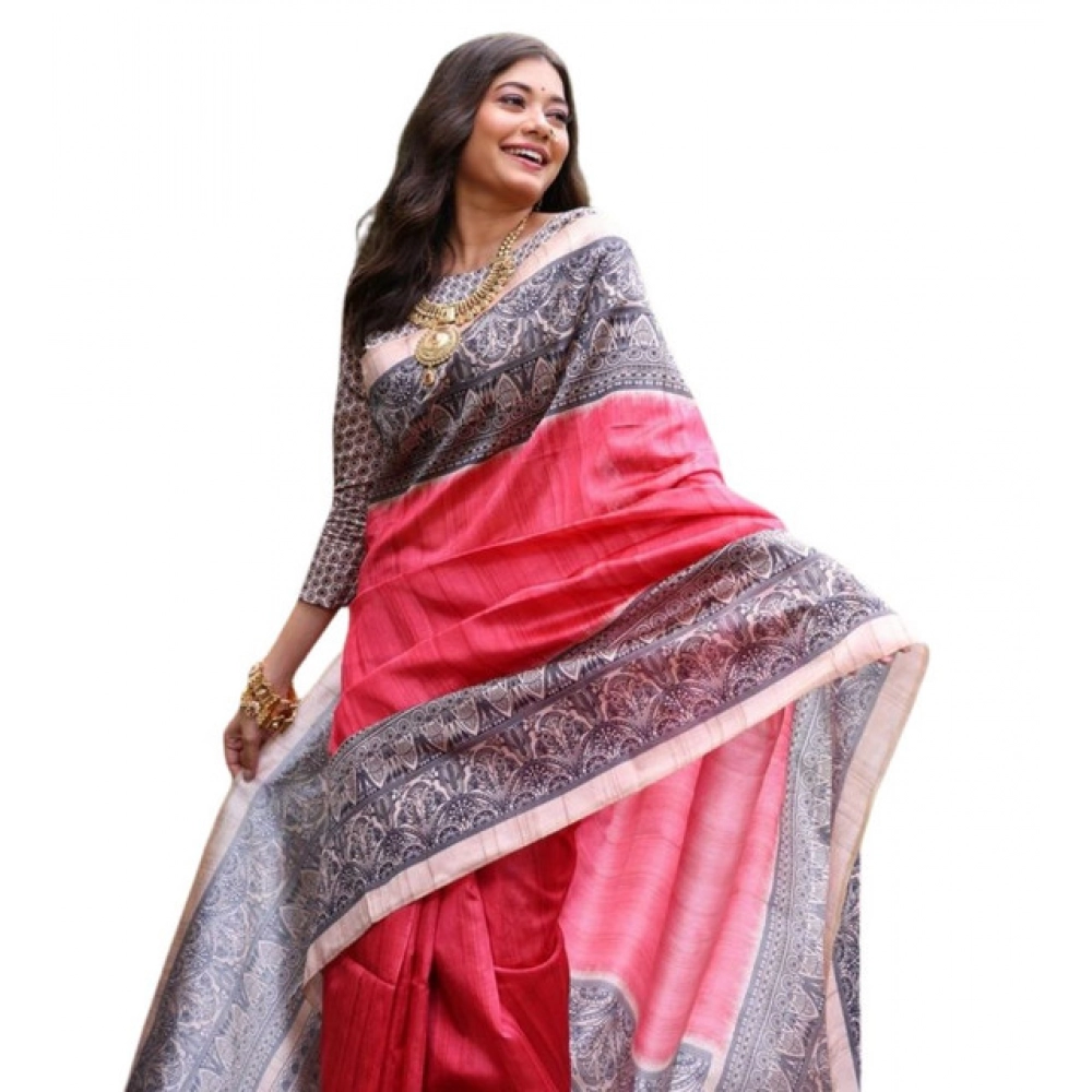 Generic Women's Faux_Tussar Ethnic_Print Saree With Unstitched Blouse 5.5Mtr (Red) - Image 3