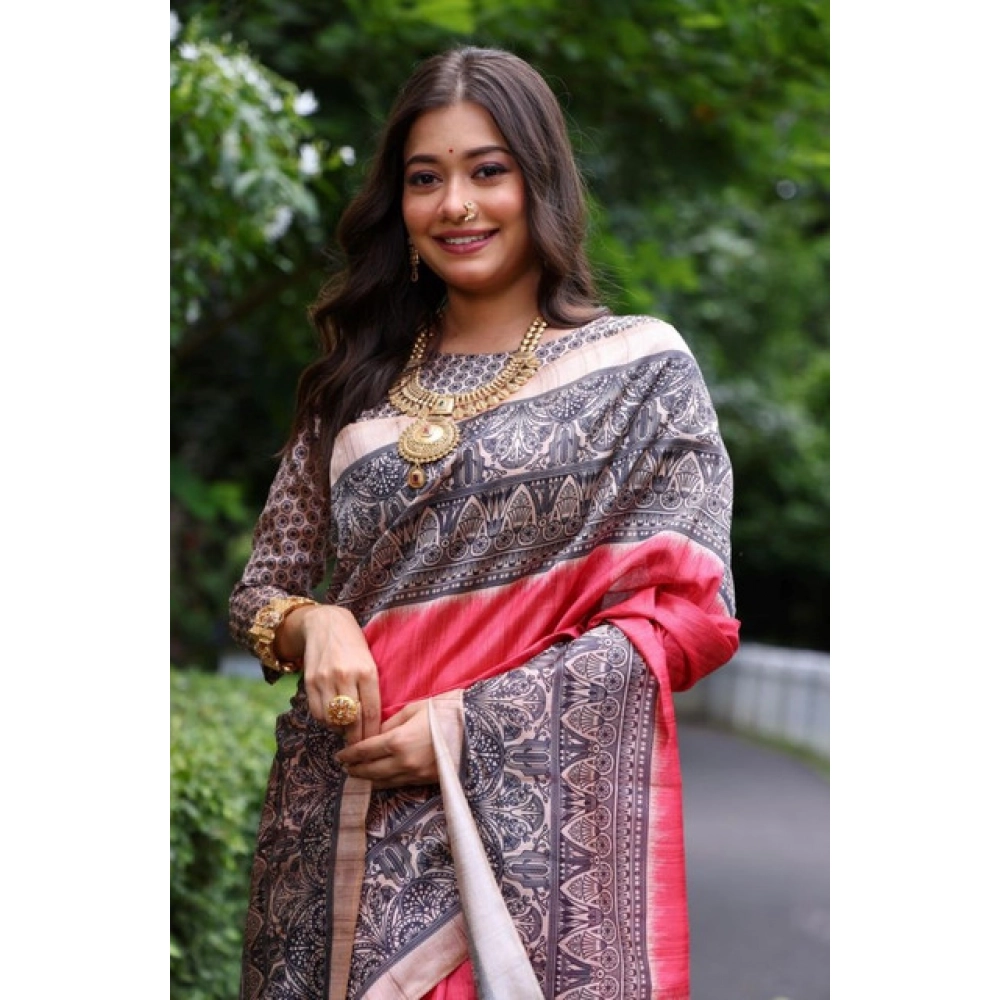 Generic Women's Faux_Tussar Ethnic_Print Saree With Unstitched Blouse 5.5Mtr (Red) - Image 2