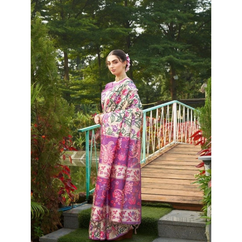 Generic Women's Faux_Tussar Kalamkari_Print Saree With Unstitched Blouse 5.5Mtr (Purple)