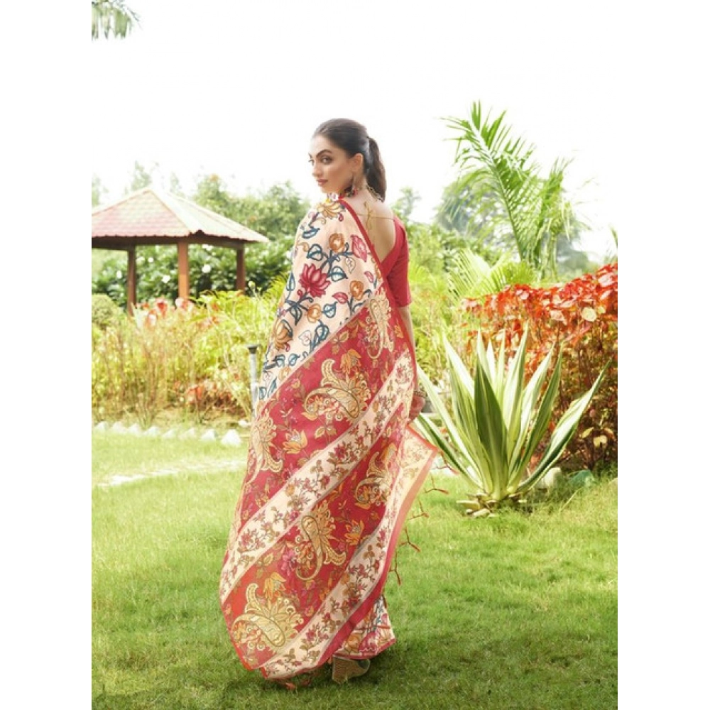 Generic Women's Faux_Tussar Kalamkari_Print Saree With Unstitched Blouse 5.5Mtr (Red)