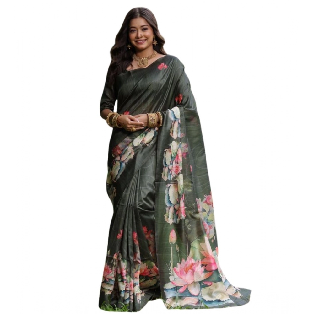 Generic Women's Faux_Tussar Floral Saree With Unstitched Blouse 5.5Mtr (Olive) - Image 4