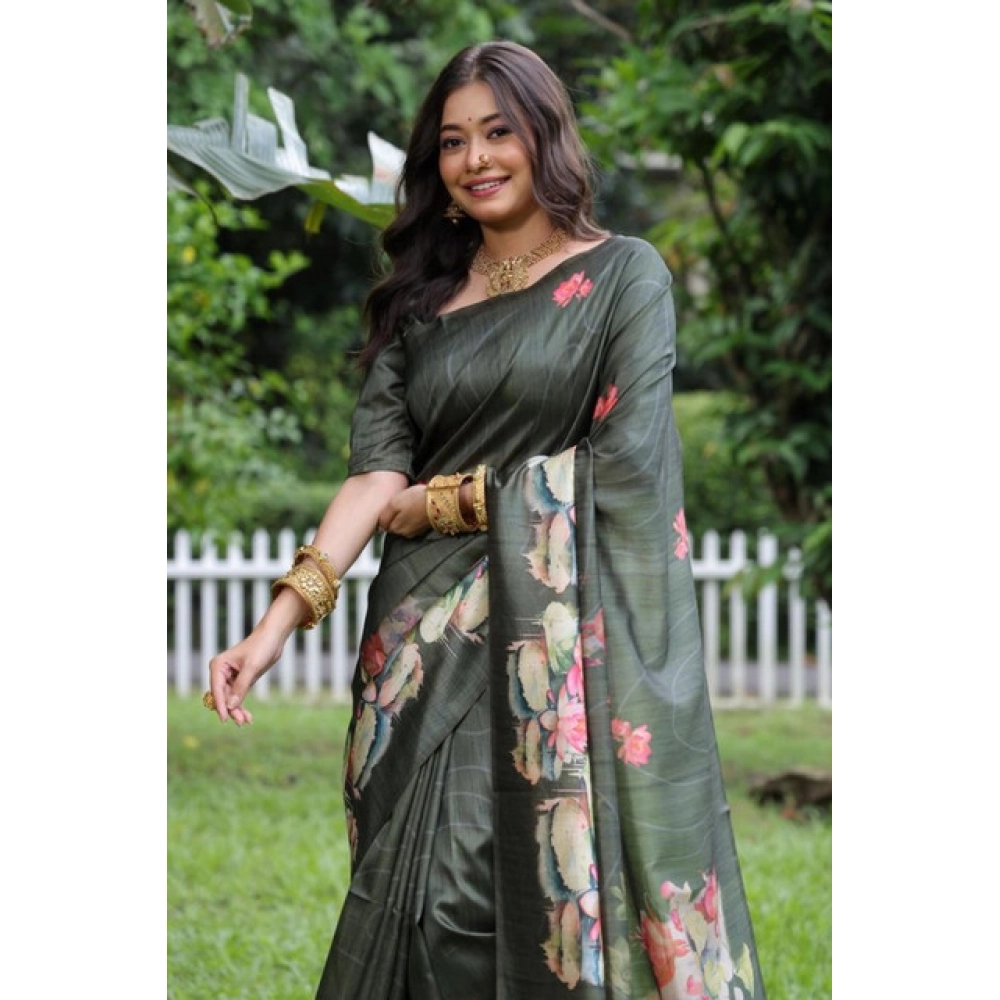 Generic Women's Faux_Tussar Floral Saree With Unstitched Blouse 5.5Mtr (Olive) - Image 3