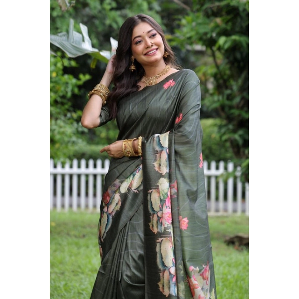 Generic Women's Faux_Tussar Floral Saree With Unstitched Blouse 5.5Mtr (Olive) - Image 2