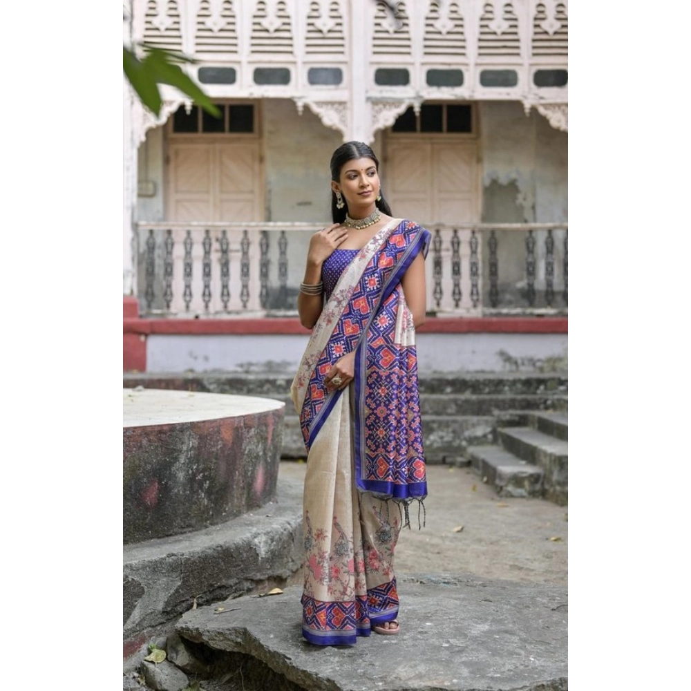 Generic Women's Faux_Tussar Floral Jal With Patola Print Saree With Unstitched Blouse 5.5Mtr (Blue)