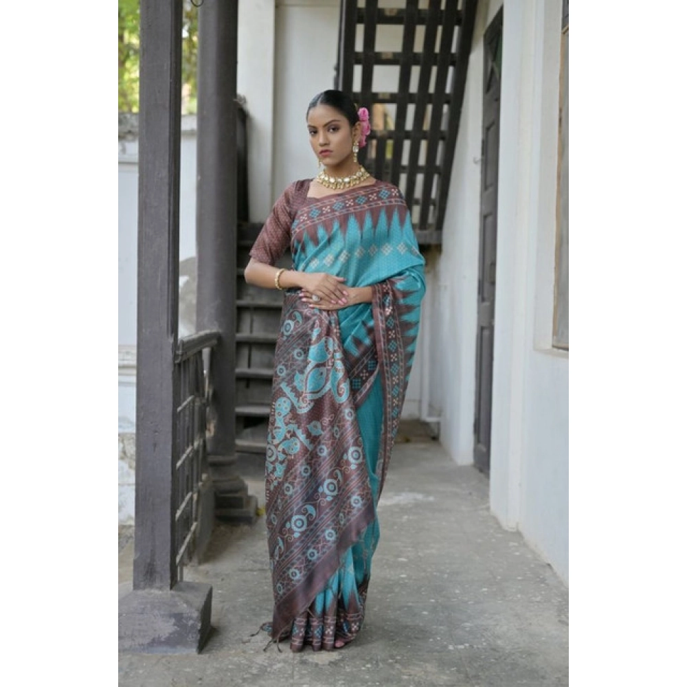Generic Women's Faux_Tussar Ikat Saree With Unstitched Blouse 5.5Mtr (Aqua_Blue)