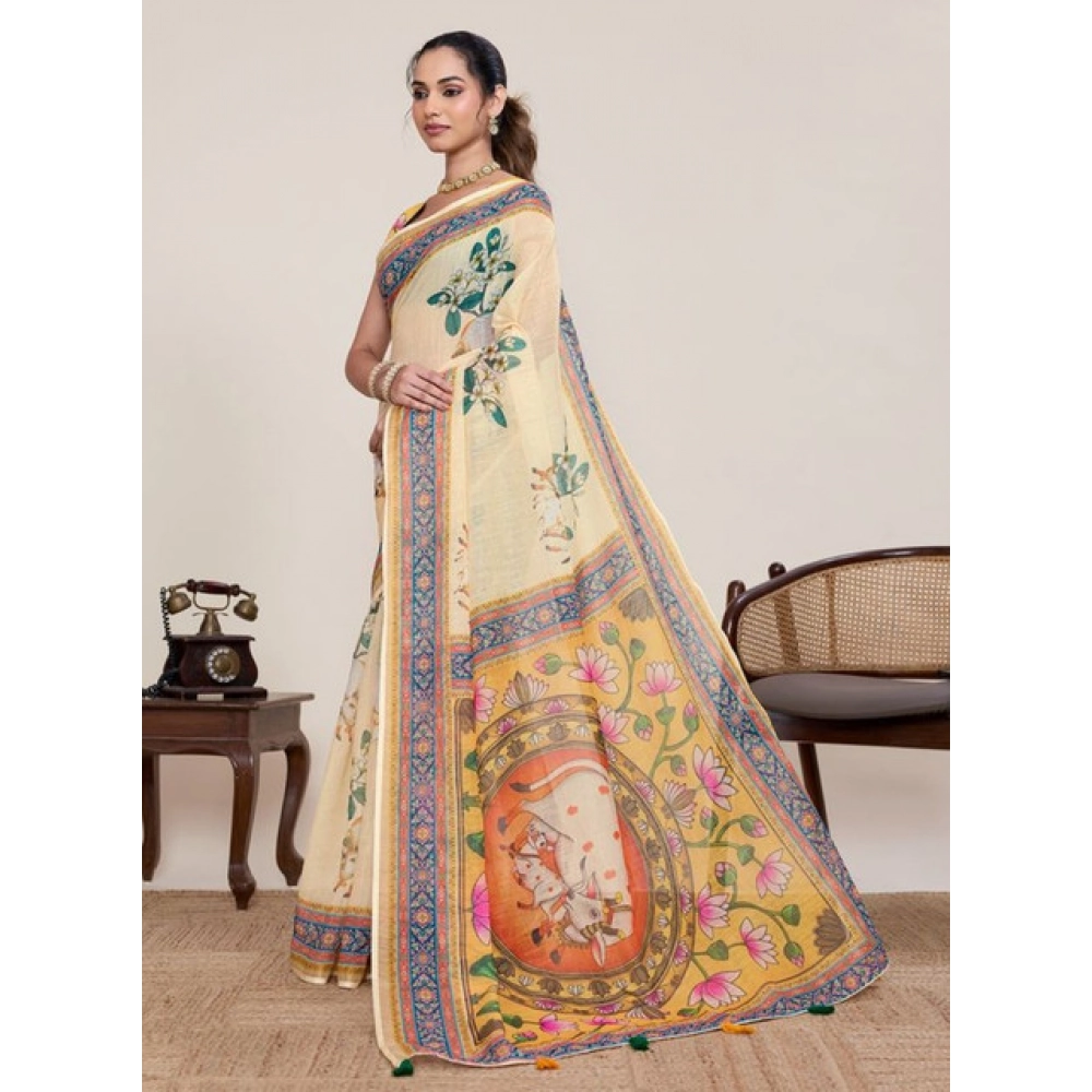 Generic Women's Linen Floral Printed Saree With Unstitched Blouse 5.5Mtr (Beige)