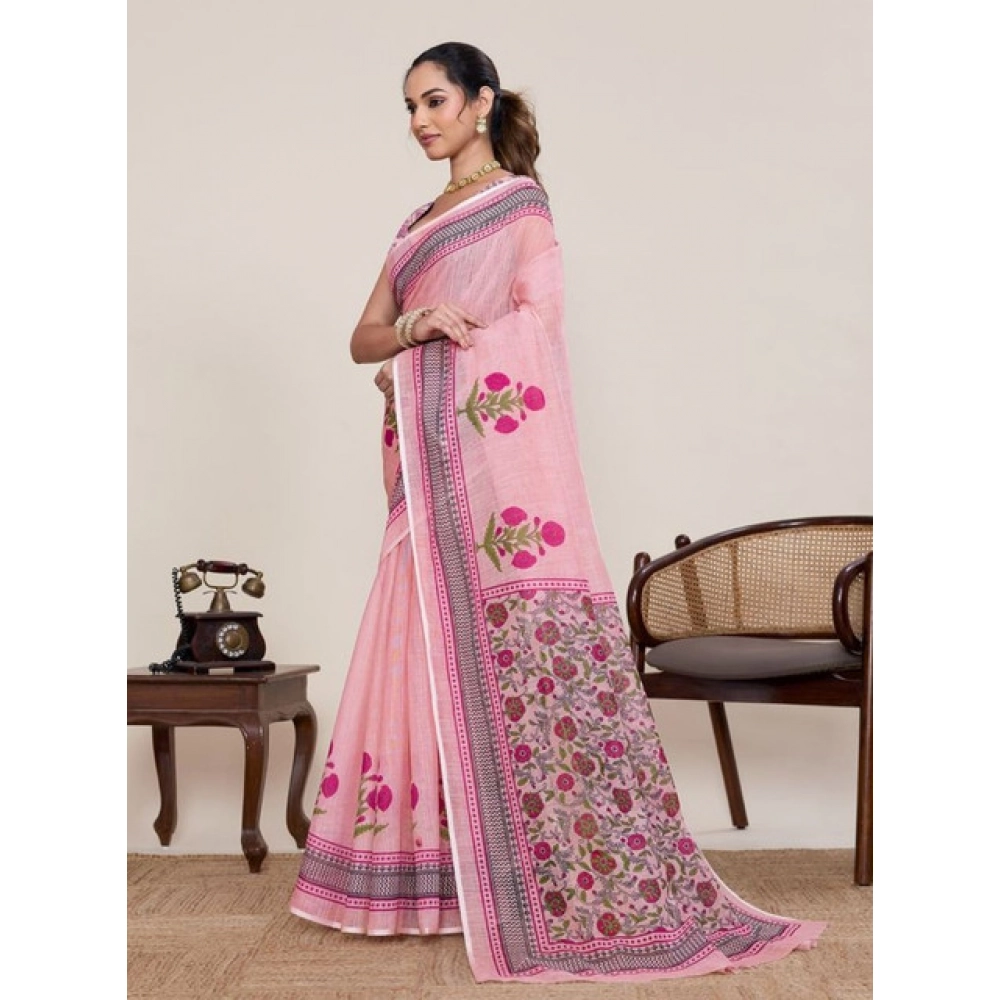 Generic Women's Linen Floral Printed Saree With Unstitched Blouse 5.5Mtr (Pink)