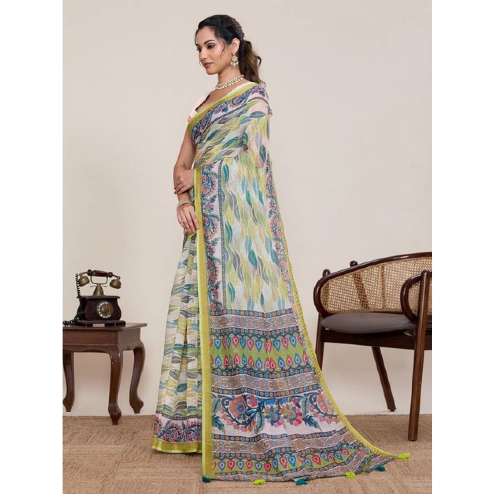 Generic Women's Linen Floral Printed Saree With Unstitched Blouse 5.5Mtr (Pista Green)