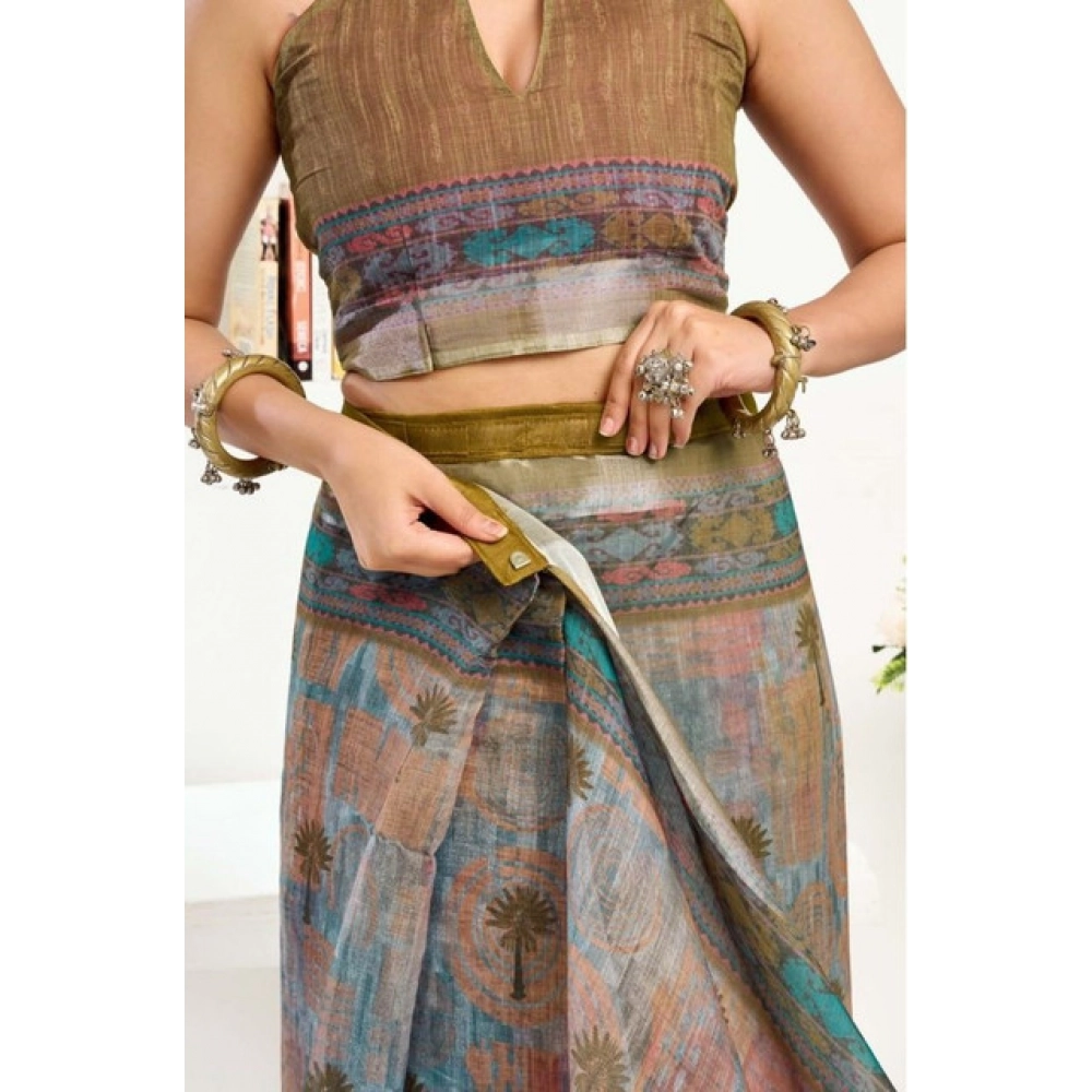 Generic Women's Faux Linen Printed Ready to wear Saree With Unstitched Blouse 5.5Mtr (Multicolor) - Image 2
