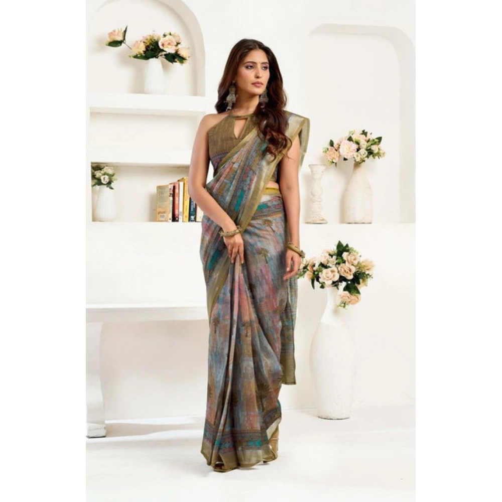 Generic Women's Faux Linen Printed Ready to wear Saree With Unstitched Blouse 5.5Mtr (Multicolor) - Image 3