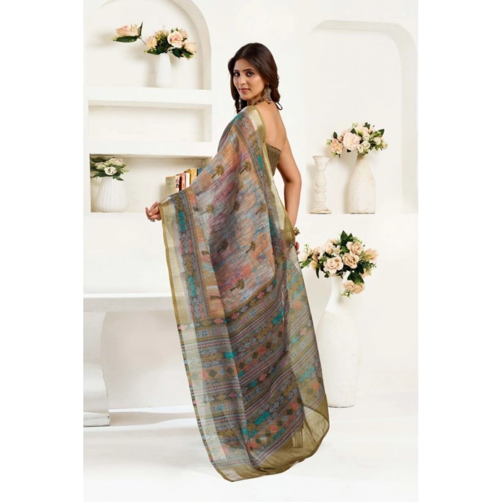Generic Women's Faux Linen Printed Ready to wear Saree With Unstitched Blouse 5.5Mtr (Multicolor) - Image 4