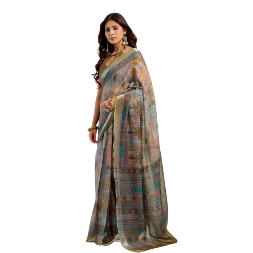 Generic Women's Faux Linen Printed Ready to wear Saree With Unstitched Blouse 5.5Mtr (Multicolor) - Image 5