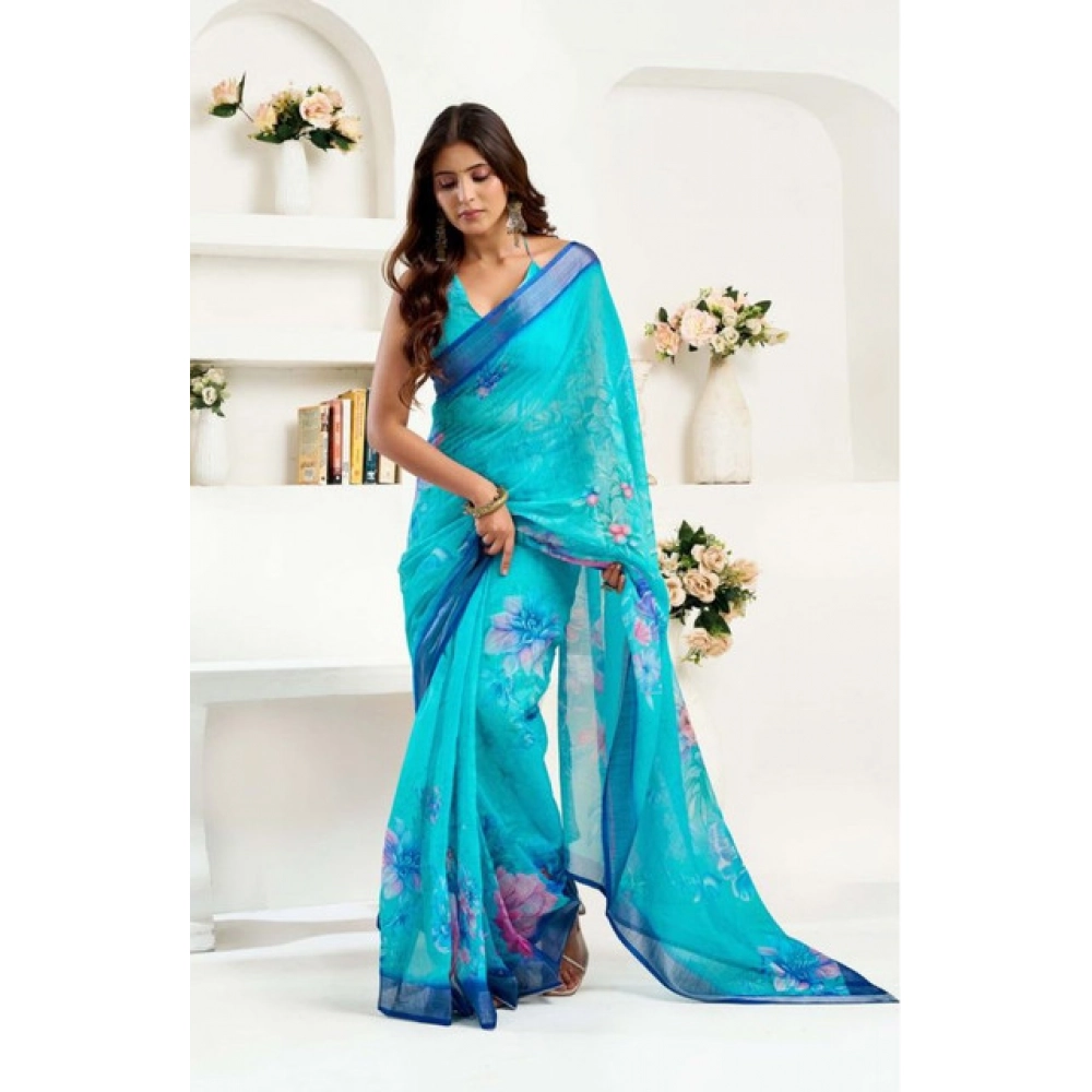 Generic Women's Faux Linen Floral Print Ready to wear Saree With Unstitched Blouse 5.5Mtr (Light_AquaBlue) - Image 3